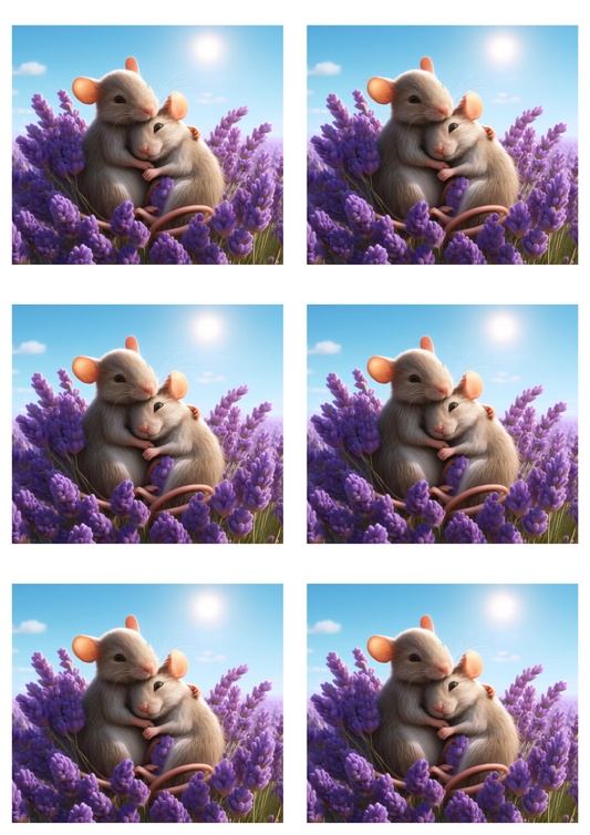 Sticker Sheet / Greeting Card – Two Mice Hugging in Lavender Field Collage Cat. No. 9849