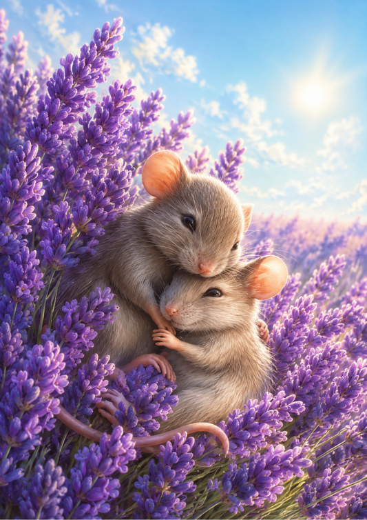 Sticker Sheet / Greeting Card – Two Mice Hugging in Lavender Field Full Cat. No. 9850