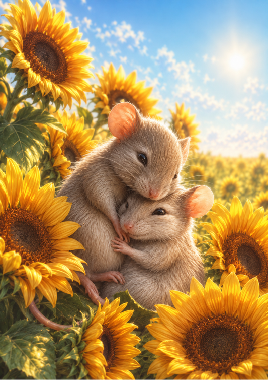 Sticker Sheet / Greeting Card – Two Mice Hugging in Sunflower Field Full Cat. No. 9851