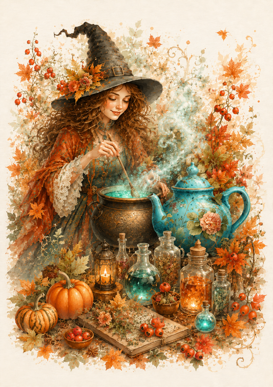 Sticker Sheet / Greeting Card – Halloween Witch & Magic Kettle Full Cat. No. 9872