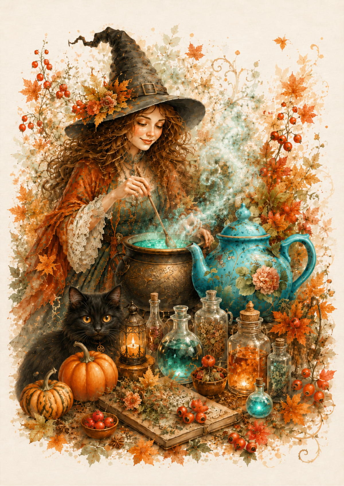 Sticker Sheet / Greeting Card – Halloween Witch, Cat & Magic Kettle Full Cat. No. 9873