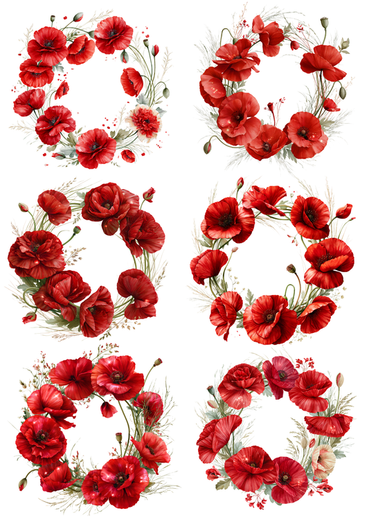 Sticker Sheet / Greeting Card – Red Poppies Wreath Collage Cat. No. 9877