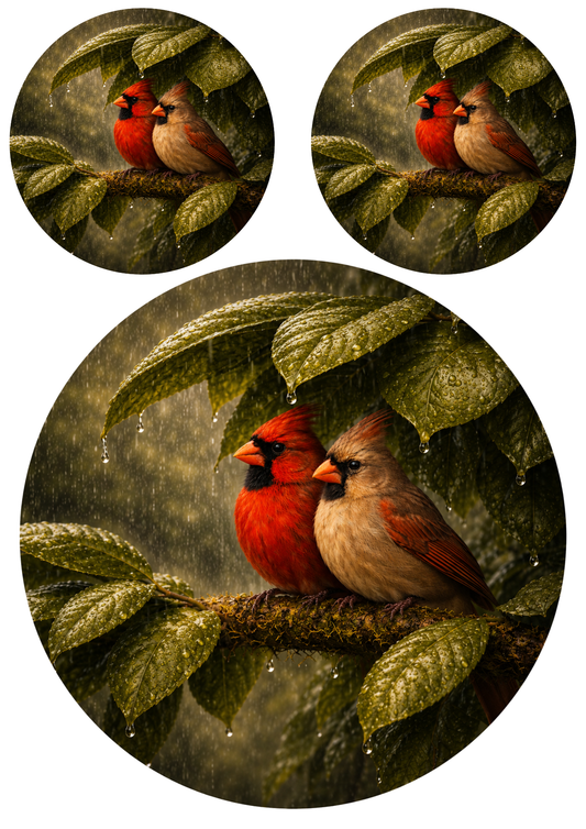 Sticker Sheet / Greeting Card – Two Red Cardinals Circle Collage Cat. No. 9879