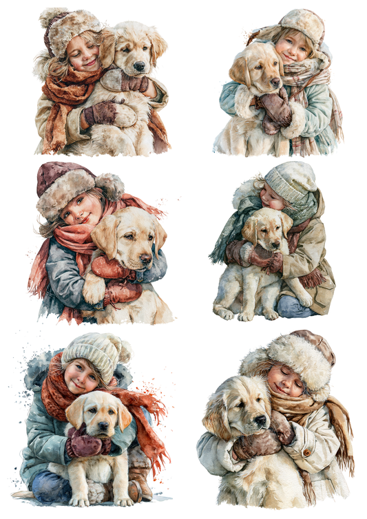 Sticker Sheet / Greeting Card – Girl Hugging Labrador / Winter Scene Collage Cat. No. 9883