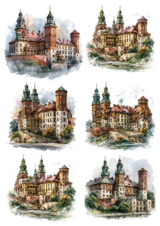 Sticker Sheet / Greeting Card – Wawel Castle in Watercolour Collage Cat. No. 9972