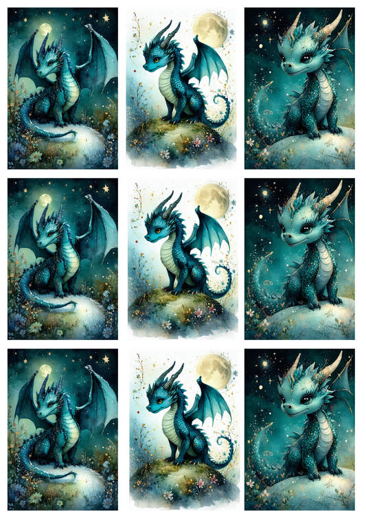 Sticker Sheet / Greeting Card – Mystic Blue Baby Dragon Collage Cat. No. 9989