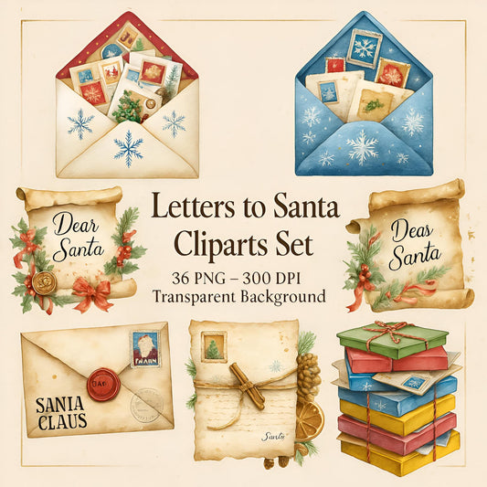Watercolor Letters to Santa Clipart: 36 PNG Christmas Mail & Holiday Lettering (Digital Download)