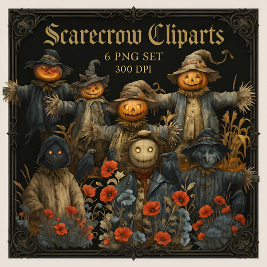 Halloween Scarecrow Clipart Set – 16 PNG – Transparent – Watercolor – High Resolution 300 DPI