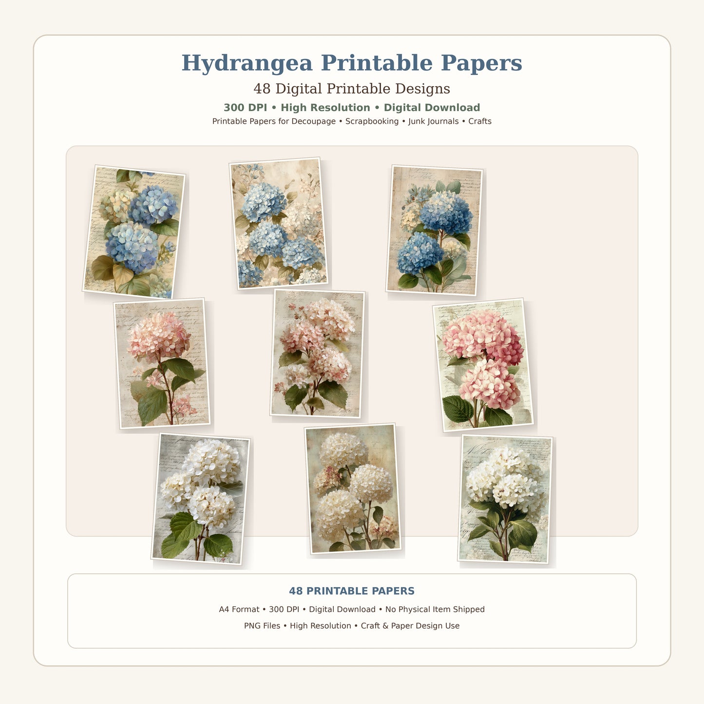 Hydrangea Printable Design Sheets – 48 A4 Digital Pages for Crafts (Instant Download)