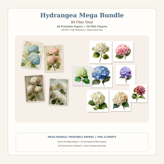 Hydrangea Printables & Clipart Bundle – 84 Digital Files, 48 A4 Sheets + 36 Cliparts for Crafts (Instant Download)