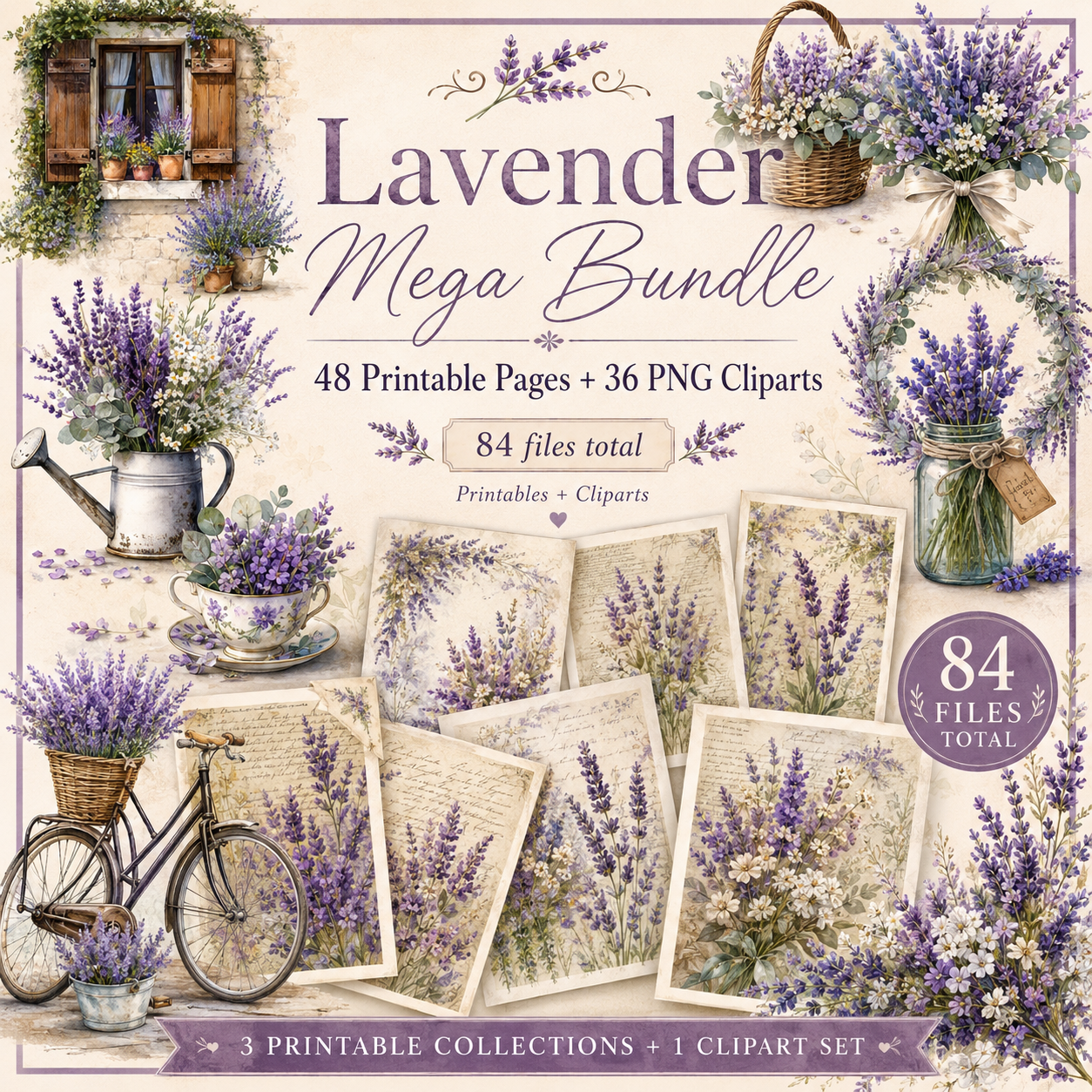 Lavender Printables & Clipart Bundle – 84 Digital Files, 48 A4 Sheets + 36 Cliparts for Crafts (Instant Download)