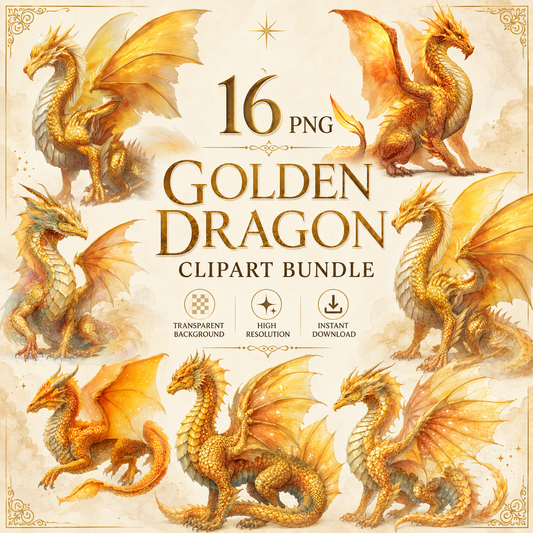 Golden Dragon Clipart Set: 16 PNG, Transparent Background Clipart (Instant Download)