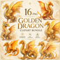 Golden Dragon Clipart Set: 16 PNG, Transparent Background Clipart (Instant Download)