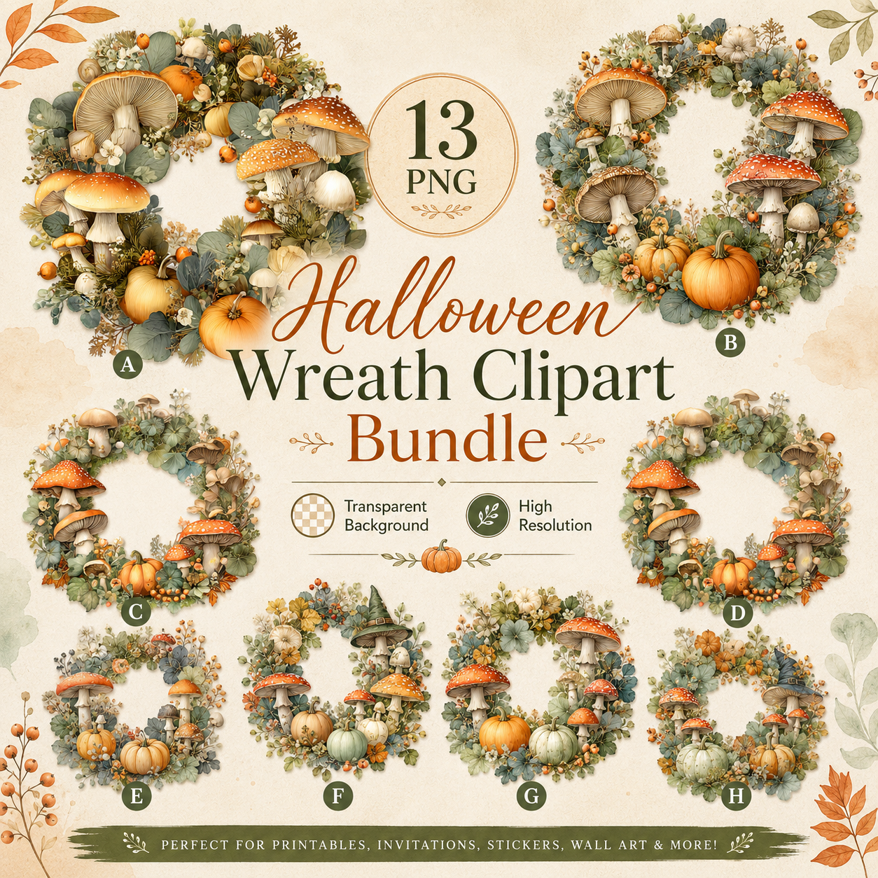 Halloween Wreath Clipart Set: 13 PNG, Transparent Background Clipart (Instant Download)