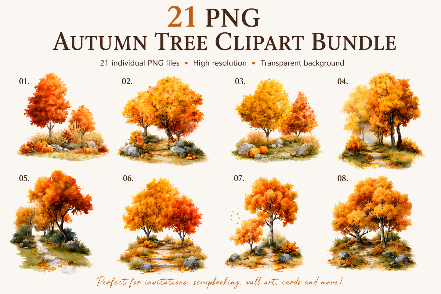 Autumn Trees Clipart Set: 21 PNG, Transparent Background Clipart (Instant Download)