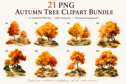 Autumn Trees Clipart Set: 21 PNG, Transparent Background Clipart (Instant Download)