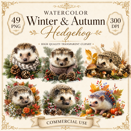 Winter And Autumn Hedgehog Clipart Set: 49 PNG Watercolor Designs, Fairy Cottage Digital Graphics, Whimsical Woodland Clipart(Instant Download)