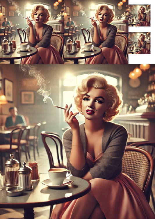 Klistremerkeark Marilyn Monroe drikker kaffekollasje Kat. nr. 1343