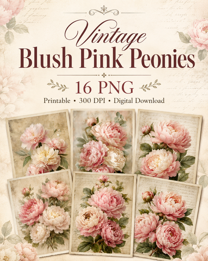 Vintage Blush Pink Peonies Printable Design Sheets – 16 A4 Digital Pages for Crafts (Instant Download)