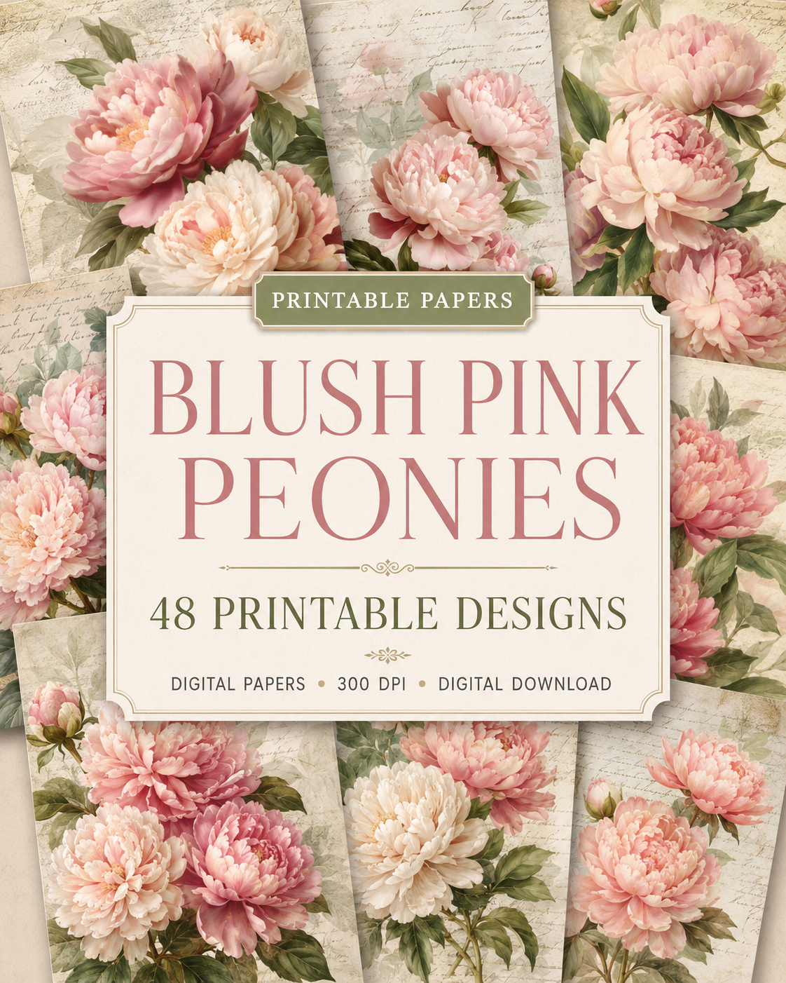 Blush Pink Peonies Printable Design Sheets – 48 A4 Digital Pages for Crafts (Instant Download)