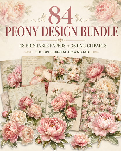 Blush Pink Peonies Printables & Clipart Bundle – 84 Digital Files, 48 A4 Sheets + 36 Cliparts for Crafts (Instant Download)