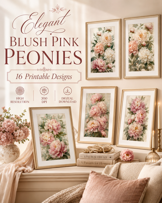 Elegant Blush Pink Peonies Printable Design Sheets – 16 A4 Digital Pages for Crafts (Instant Download)