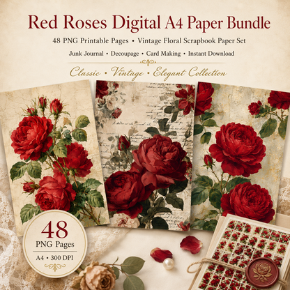 Red Roses Printable Design Sheets – 48 A4 Digital Pages for Crafts (Instant Download)