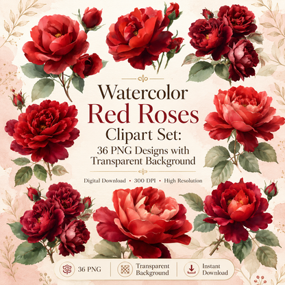 Watercolor Red Roses Clipart Set: 36 PNG, Transparent Background Clipart(Instant Download)