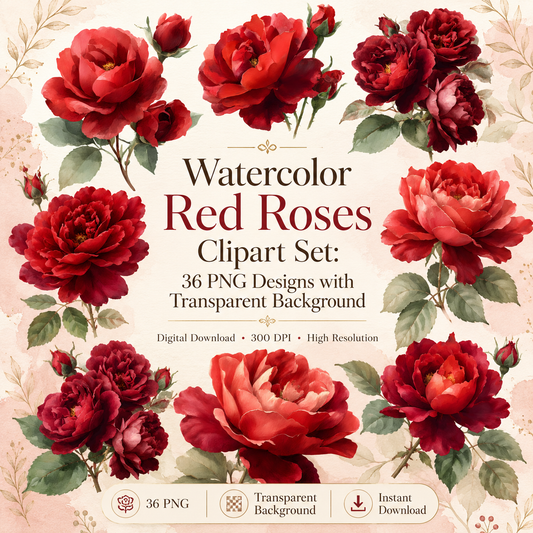 Watercolor Red Roses Clipart Set: 36 PNG, Transparent Background Clipart(Instant Download)