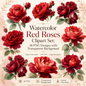 Watercolor Red Roses Clipart Set: 36 PNG, Transparent Background Clipart(Instant Download)