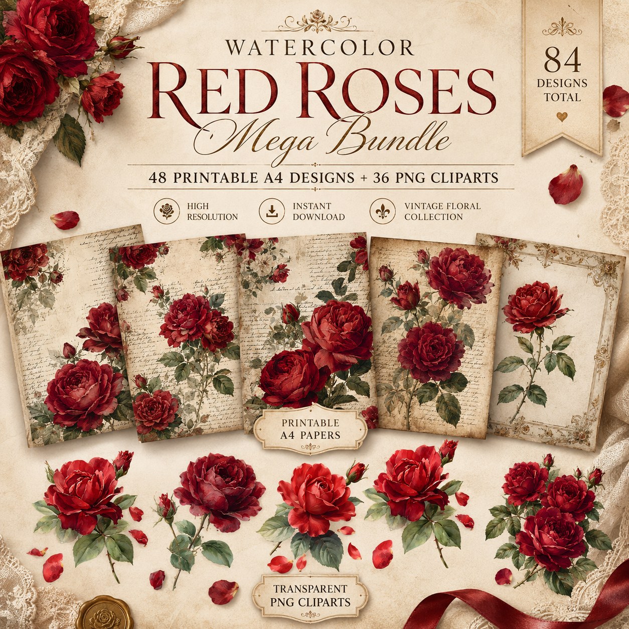Red Roses Printables & Clipart Bundle – 84 Digital Files, 48 A4 Sheets + 36 Cliparts for Crafts (Instant Download)