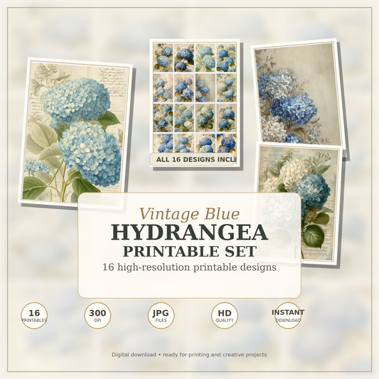 French Blue Hydrangeas Printable Design Sheets – 16 A4 Digital Pages for Crafts (Instant Download)