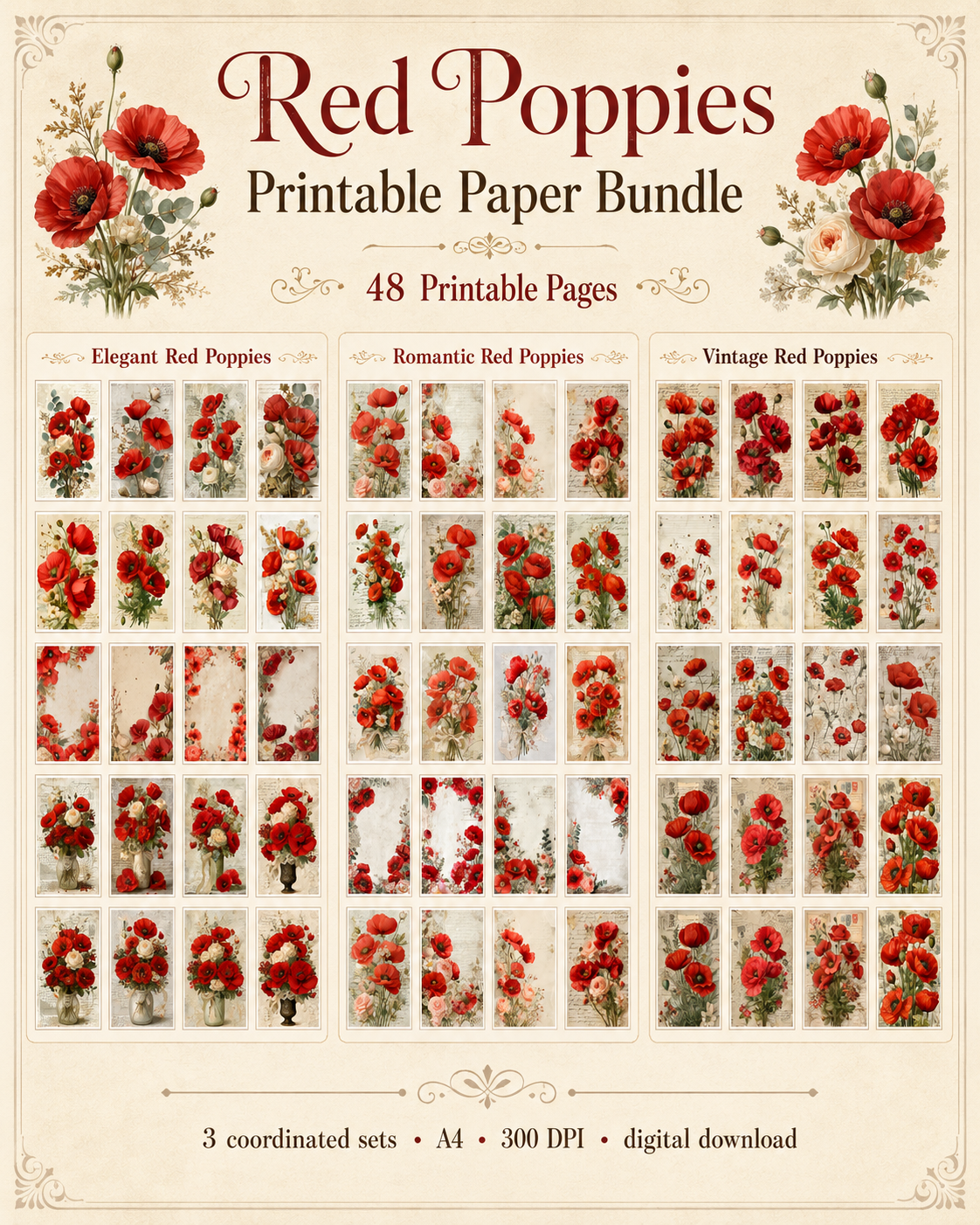Red Poppies & Clipart Bundle – 84 Digital Files, 48 A4 Sheets + 36 Cliparts for Crafts (Instant Download)