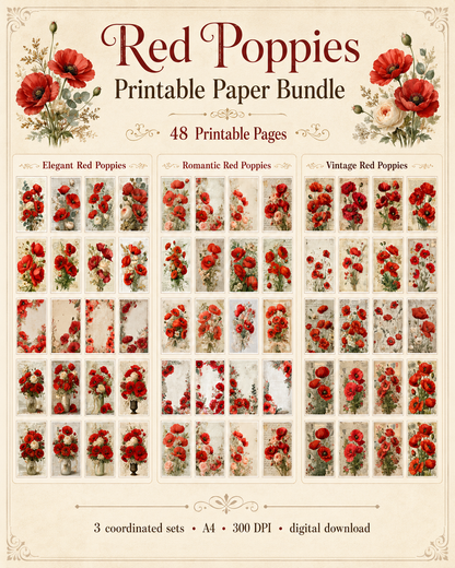 Red Poppies Printable Design Sheets – 48 A4 Digital Pages for Crafts (Instant Download)