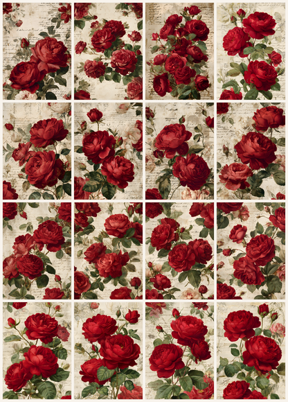 Vintage Red Roses Printable Design Sheets – 16 A4 Digital Pages for Crafts (Instant Download)