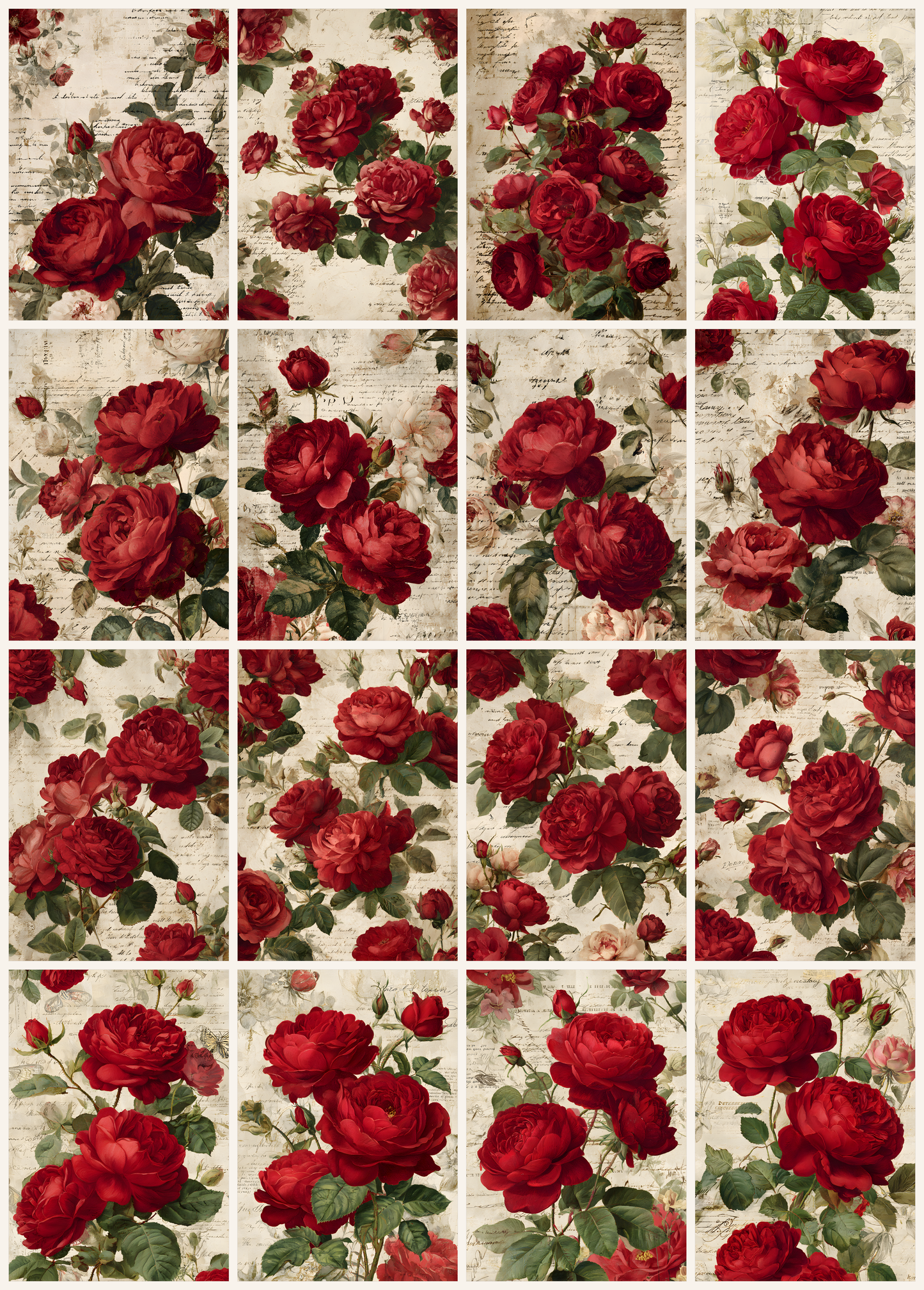 Red Roses Printable Design Sheets – 48 A4 Digital Pages for Crafts (Instant Download)