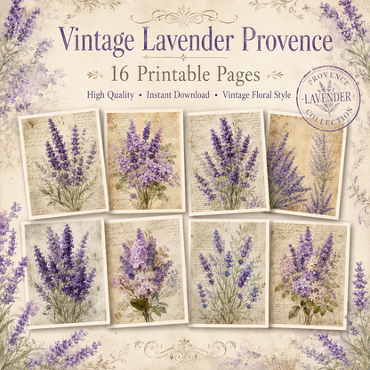 Vintage Lavender Printable Design Sheets – 16 A4 Digital Pages for Crafts (Instant Download)