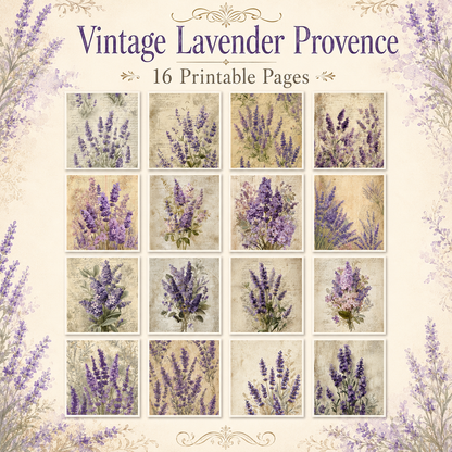 Vintage Lavender Printable Design Sheets – 16 A4 Digital Pages for Crafts (Instant Download)