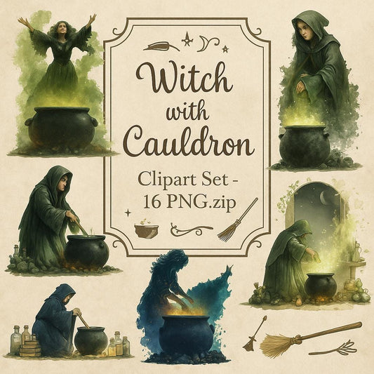 Witch with Cauldron Cliparts – 16 PNG Watercolor Illustrations – Halloween Witches, Transparent Background, High Resolution