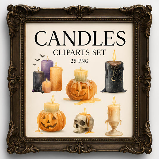 Halloween Candles Clipart Set – 25 PNG – Transparent Background – Watercolor Style – 300 DPI – High Resolution