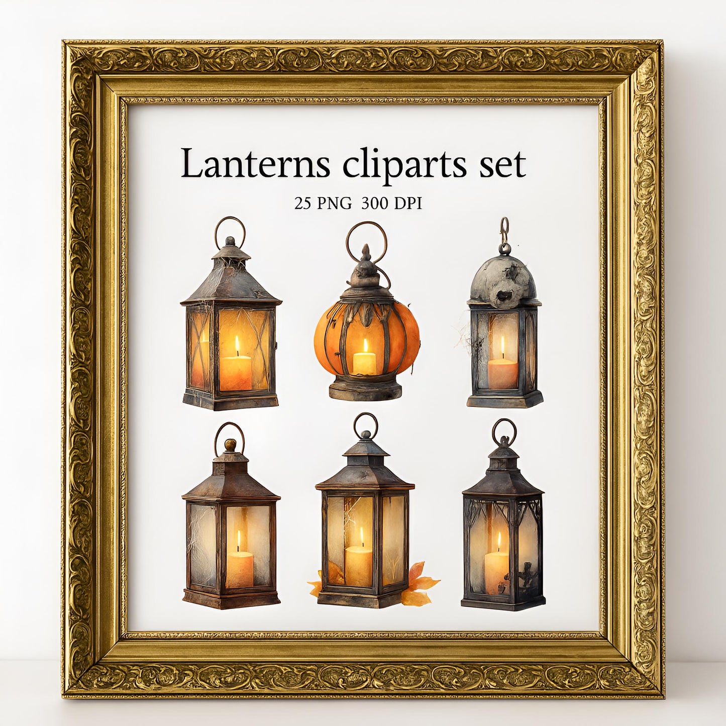 Watercolor Halloween Lanterns Clipart Set: 25 PNG, High Resolution (Digital Download)