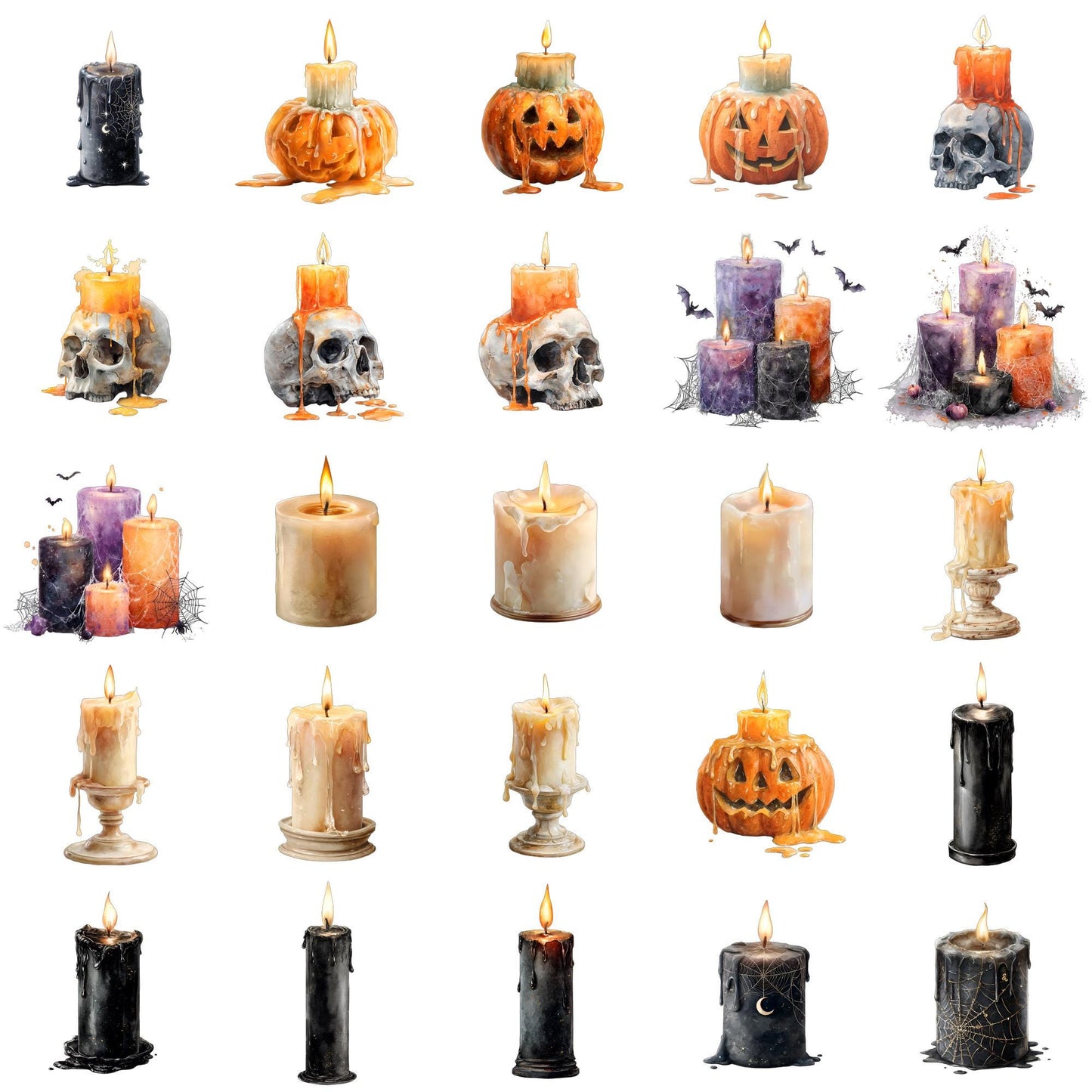 Halloween Candles Clipart Set – 25 PNG – Transparent Background – Watercolor Style – 300 DPI – High Resolution