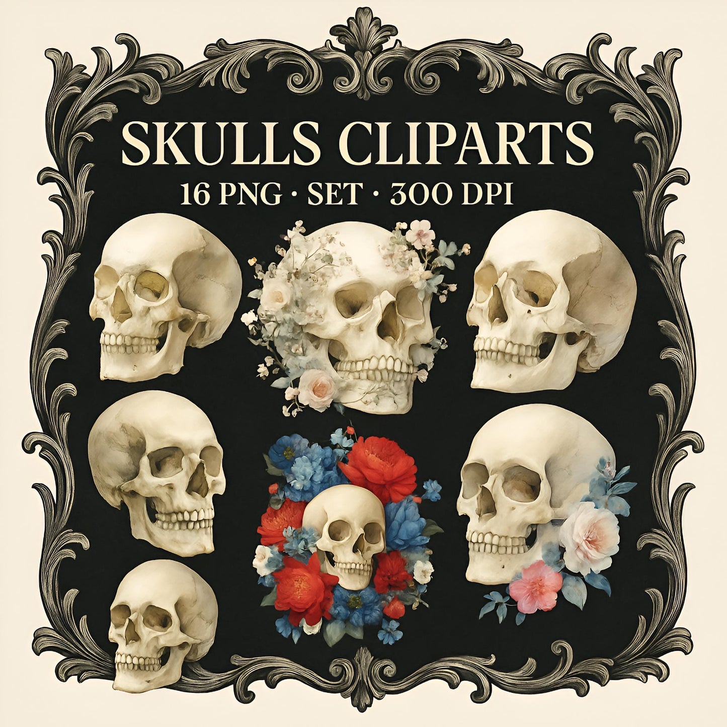 Skull Clipart Set – 16 PNG – Transparent Background – Watercolor Halloween Graphics – High Resolution 300 DPI
