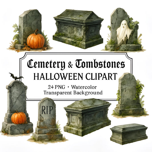 Halloween Tombstone Clipart – 24 Spooky PNGs – Graveyard Watercolor Set