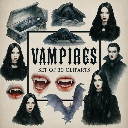 Watercolor Vampire Clipart Bundle: 30 PNG, Halloween Graphics (4096x4096 px, 300 DPI)