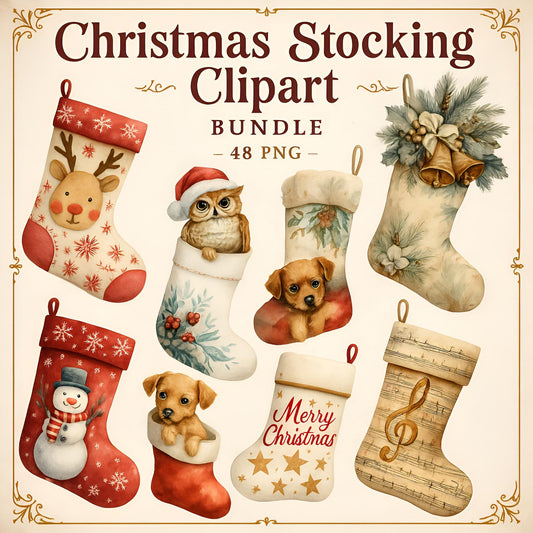 Watercolor Christmas Stockings Clipart Set: 48 PNG Designs with Transparent Background