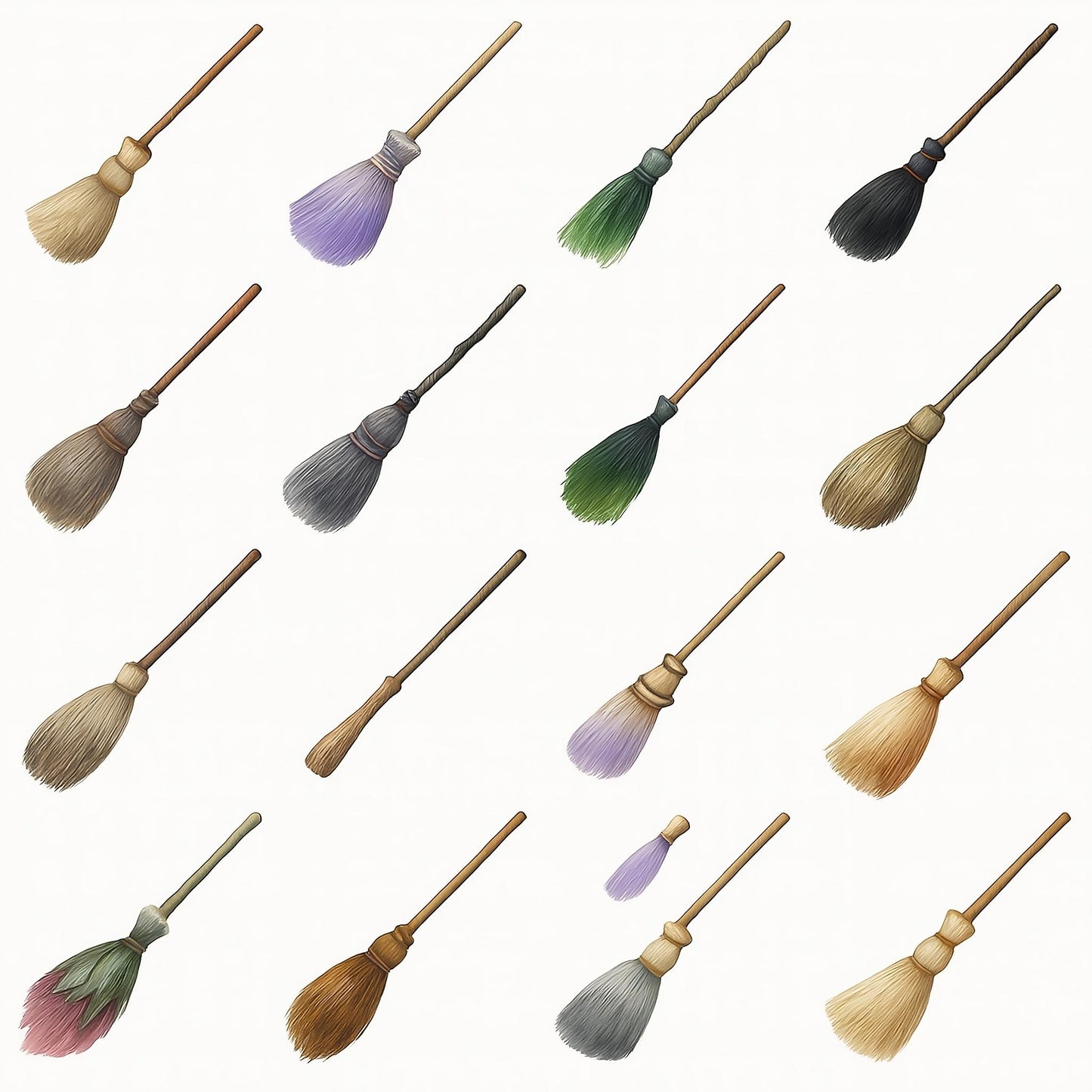 Watercolor Broomsticks Clipart Set: Halloween Witch Art (16 PNG)