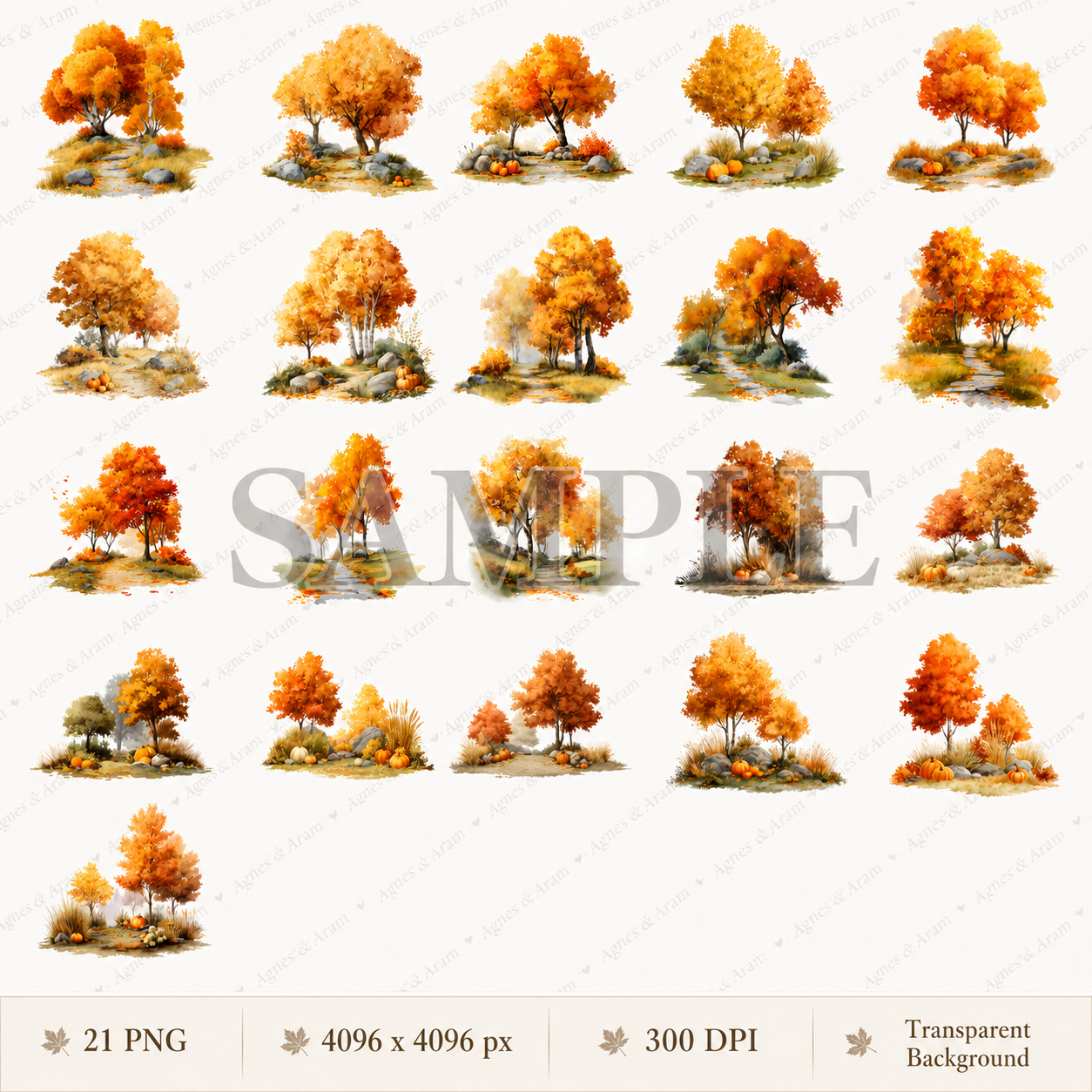 Autumn Trees Clipart Set: 21 PNG, Transparent Background Clipart (Instant Download)