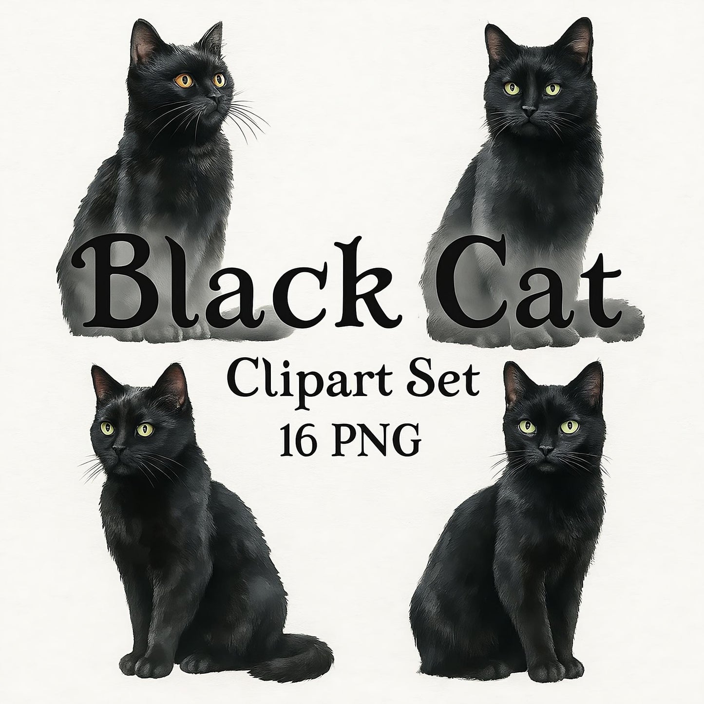 Watercolor Black Cat Clipart Set: Halloween Graphics (16 PNG)