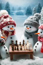 Wall Art Poster / Greeting Card / Sticker Sheet – Snowmen Play Chess Full Cat No. 384